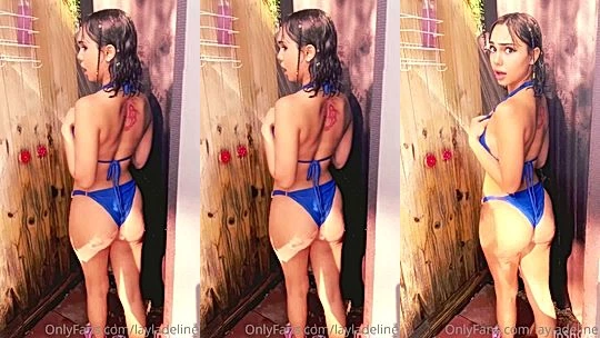 layladeline teasing her wet blue bikini in the shower