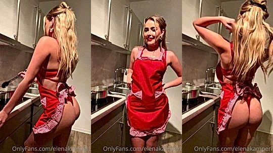 Horny Chick Elena Kamperi teasing naked in only her red apron