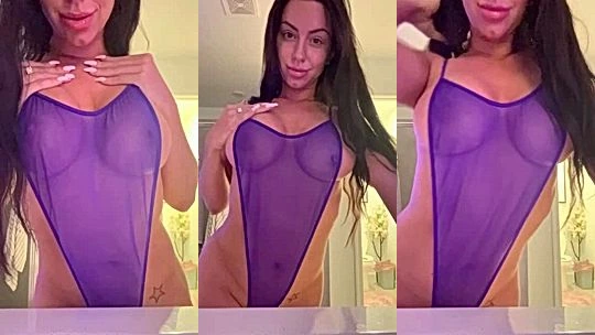 Darla Pursley teasing her big boobs in purple see-through lingerie