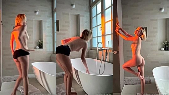 slutty chick Elena Kamperi teasing her naked body in the bathroom