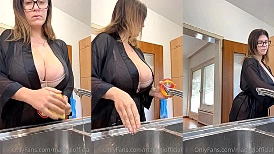 Hot Chick Mady Gio flashing her tits while doing the dishes