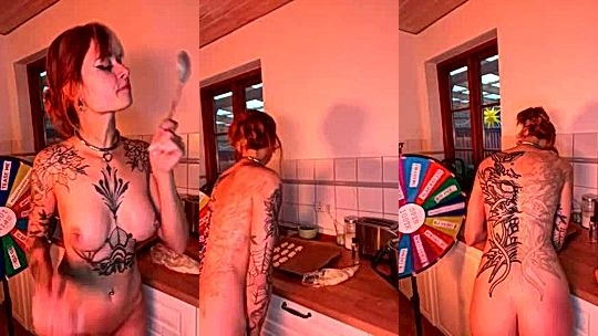 Wild chick Sallydinosaur cooking dinner naked!