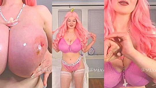 horny girl Vixen Virago teasing her big boobs in pink lingerie