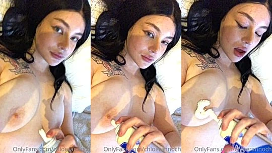 Okichloeo teasing her tits with whipped cream