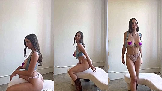 Sophie Mudd teasing her big tits in jeans lingerie