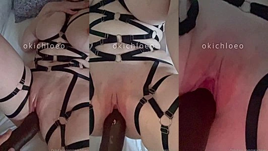 Horny Chick Okichloeo fucking black dildo in strappy lingerie