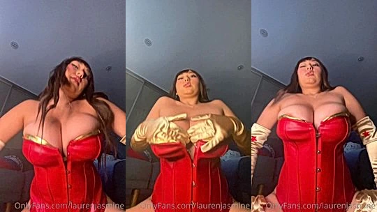 Lauren Jasmine teasing her huge tits in red latex bodysuit