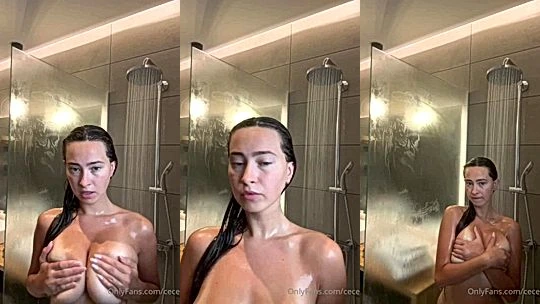 CeCe Rose teasing her huge tits in the steamy bathroom