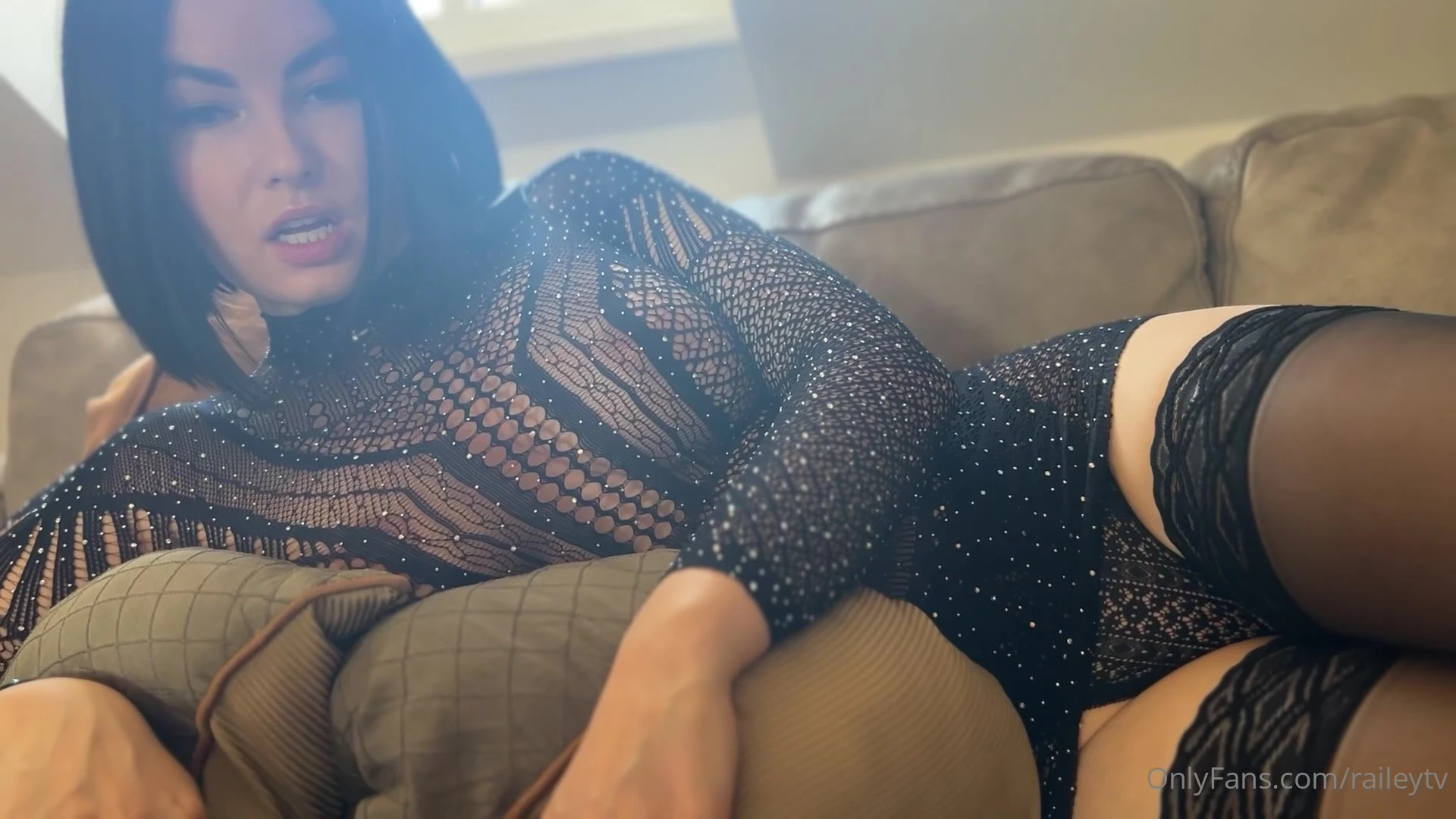 Railey Diesel teasing her pussy in black see-through lingerie