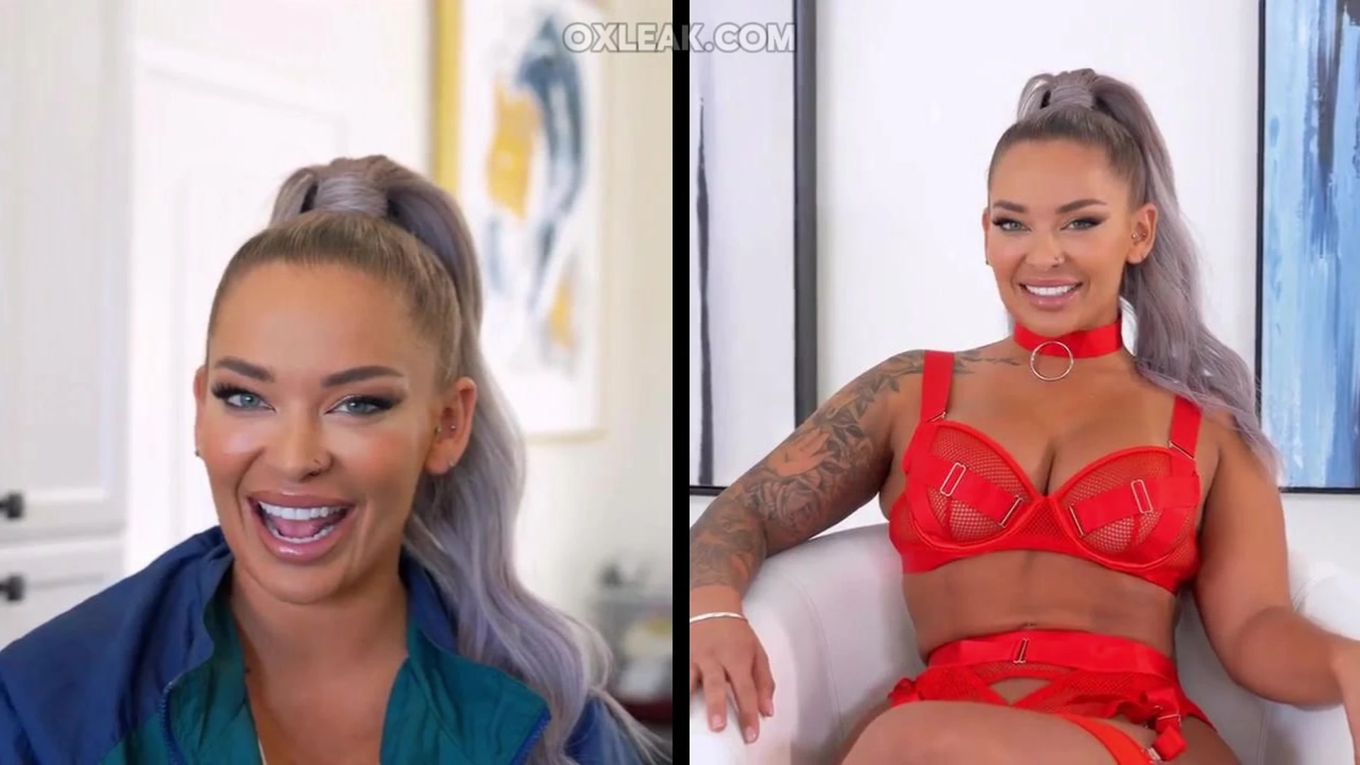 Hayley Davies riding cock in red lingerie on the couch