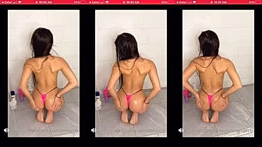 Beautiful babe Emarrb washing up her big booty in pink g-string