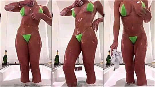 Sexy babe Viperous pouring champaign on her bikini body