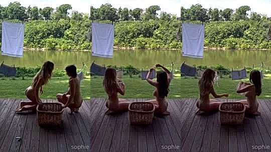 Beautiful girl Daisy keech two hot wives doing laundry in the backyard