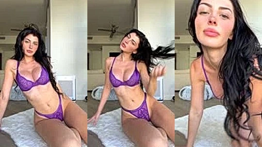 beautiful babe Queenpussybossv stretching in her purple lingerie