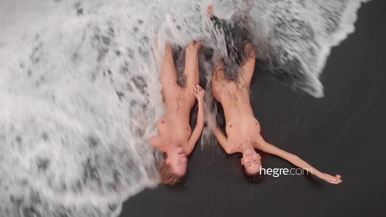 sexy chick Natalia Andreeva two hot chicks naked teasing on black sand beach